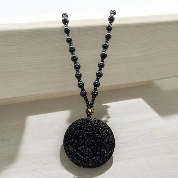 Unique Glass Black Obsidian Dragon and Phoenix Pendant Necklace Good Luck Charm - Picture 2 of 7